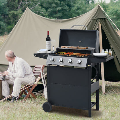 Propane Gas Grill 4 Burner Barbecue Grill, Stainless Steel 34,000 BTU Patio Garden Barbecue Grill with Two Shelves, Lid, Wheels and Bottle Opener