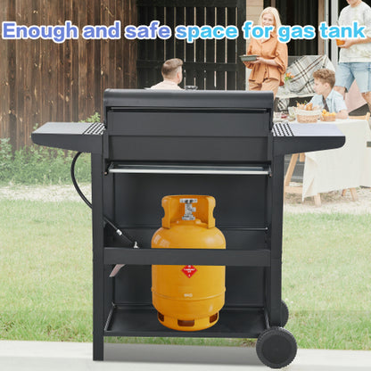 Propane Gas Grill 4 Burner Barbecue Grill, Stainless Steel 34,000 BTU Patio Garden Barbecue Grill with Two Shelves, Lid, Wheels and Bottle Opener