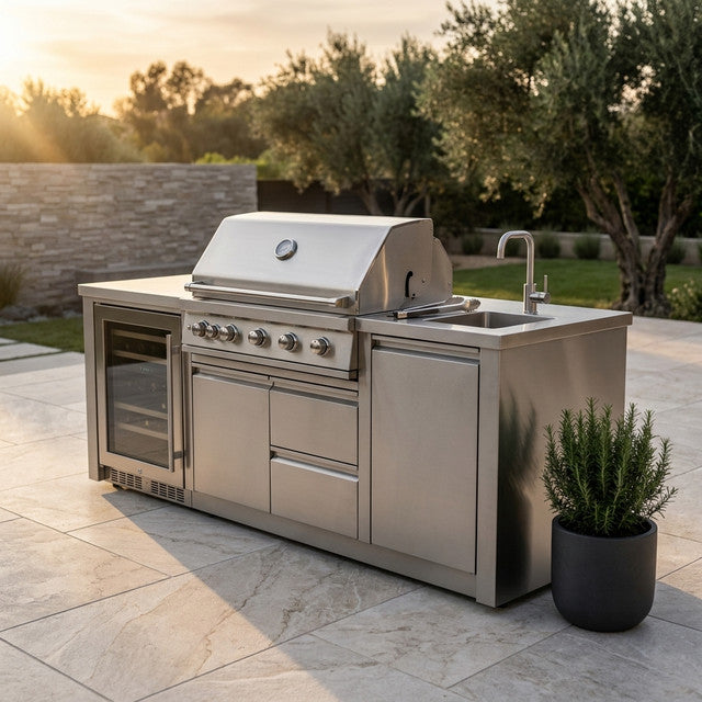 43 In. 6-Burner Propane Gas Grill Island Outdoor Kitchen in Stainless Steel with Refrigerator, Sink — Studio Shot
