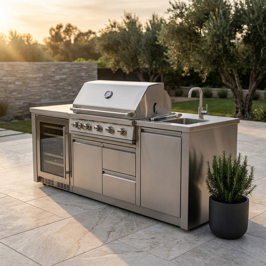 43 In. 6-Burner Propane Gas Grill Island Outdoor Kitchen in Stainless Steel with Refrigerator, Sink — Studio Shot