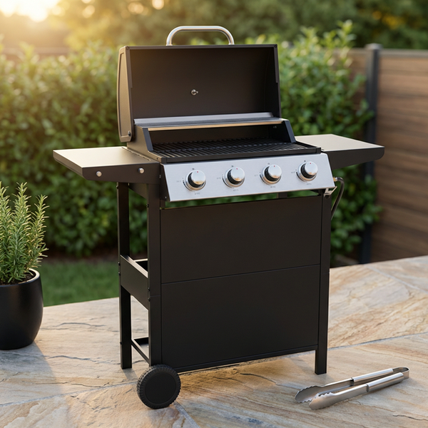 Propane Gas Grill 4 Burner Barbecue Grill, Stainless Steel 34,000 BTU Patio Garden Barbecue Grill with Two Shelves, Lid, Wheels and Bottle Opener — Studio Shot