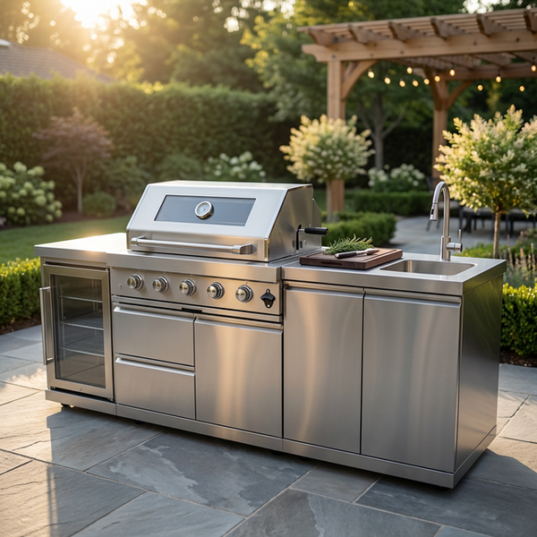 46 In. 4-Burner Propane Gas Grill Island Outdoor Kitchen in Stainless Steel with Refrigerator, Sink — Studio Shot