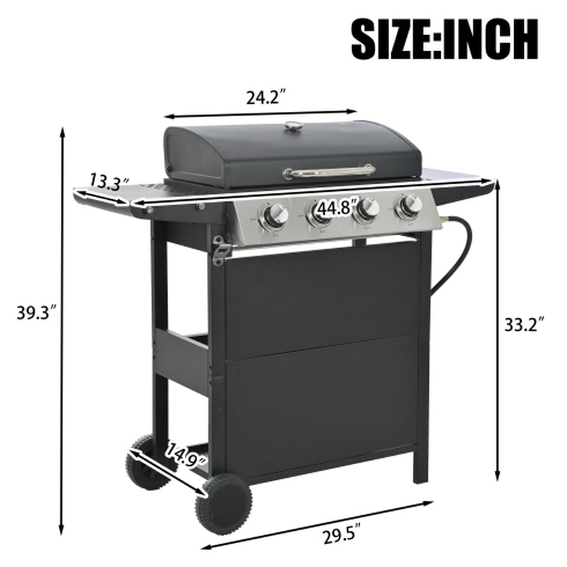Propane Gas Grill 4 Burner Barbecue Grill, Stainless Steel 34,000 BTU Patio Garden Barbecue Grill with Two Shelves, Lid, Wheels and Bottle Opener