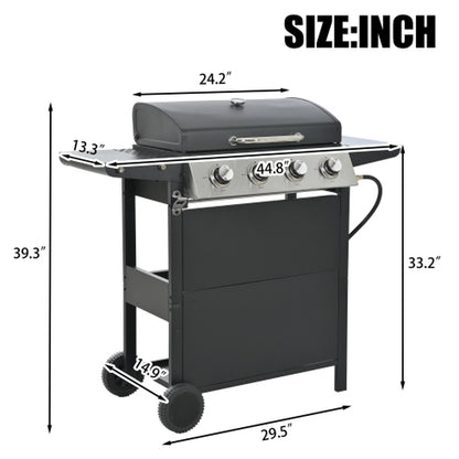 Propane Gas Grill 4 Burner Barbecue Grill, Stainless Steel 34,000 BTU Patio Garden Barbecue Grill with Two Shelves, Lid, Wheels and Bottle Opener