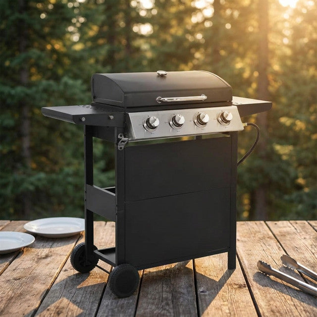 4-Burner Portable Propane Tabletop Barbecue Grill Stainless Steel Gas Grill in Black for Camping — Studio Shot