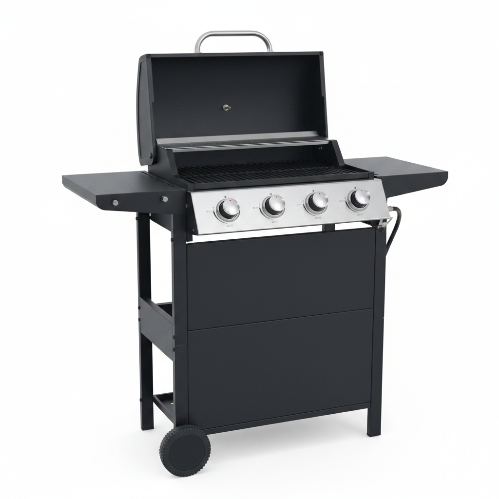 Propane Gas Grill 4 Burner Barbecue Grill, Stainless Steel 34,000 BTU Patio Garden Barbecue Grill with Two Shelves, Lid, Wheels and Bottle Opener